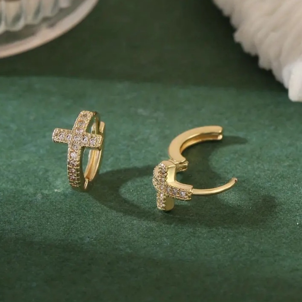 Gold Cross Huggie Hoop Earrings Pave Crystal Religious Dainty Jewelry
